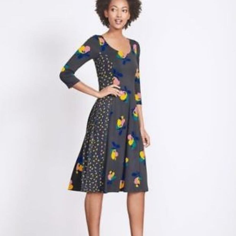 Boden Alannah Gray Floral Jersey Dress 3/4 Sleeves Minimalist Capsule Size 10R